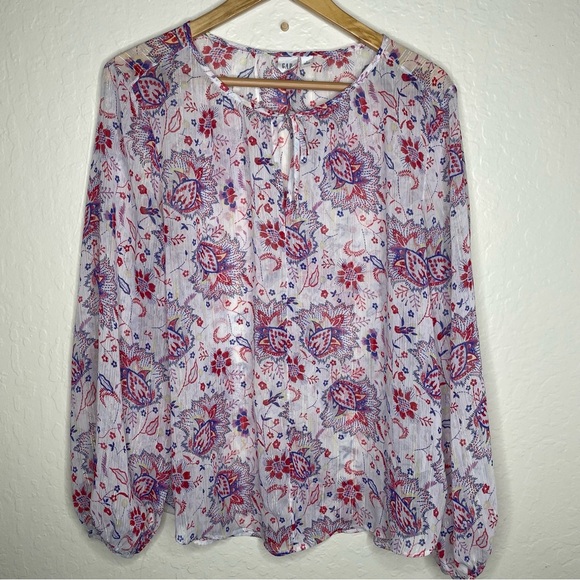 GAP Top Womens L White Floral Feminine Dainty Long Sleeve Semi Sheer Metallic - Picture 1 of 9